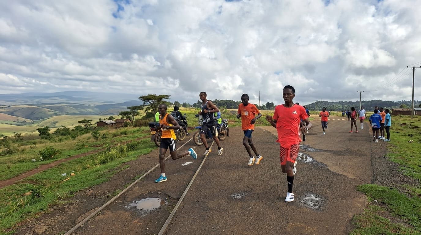 Runners training together on a misty Kenyan dirt road at sunrise