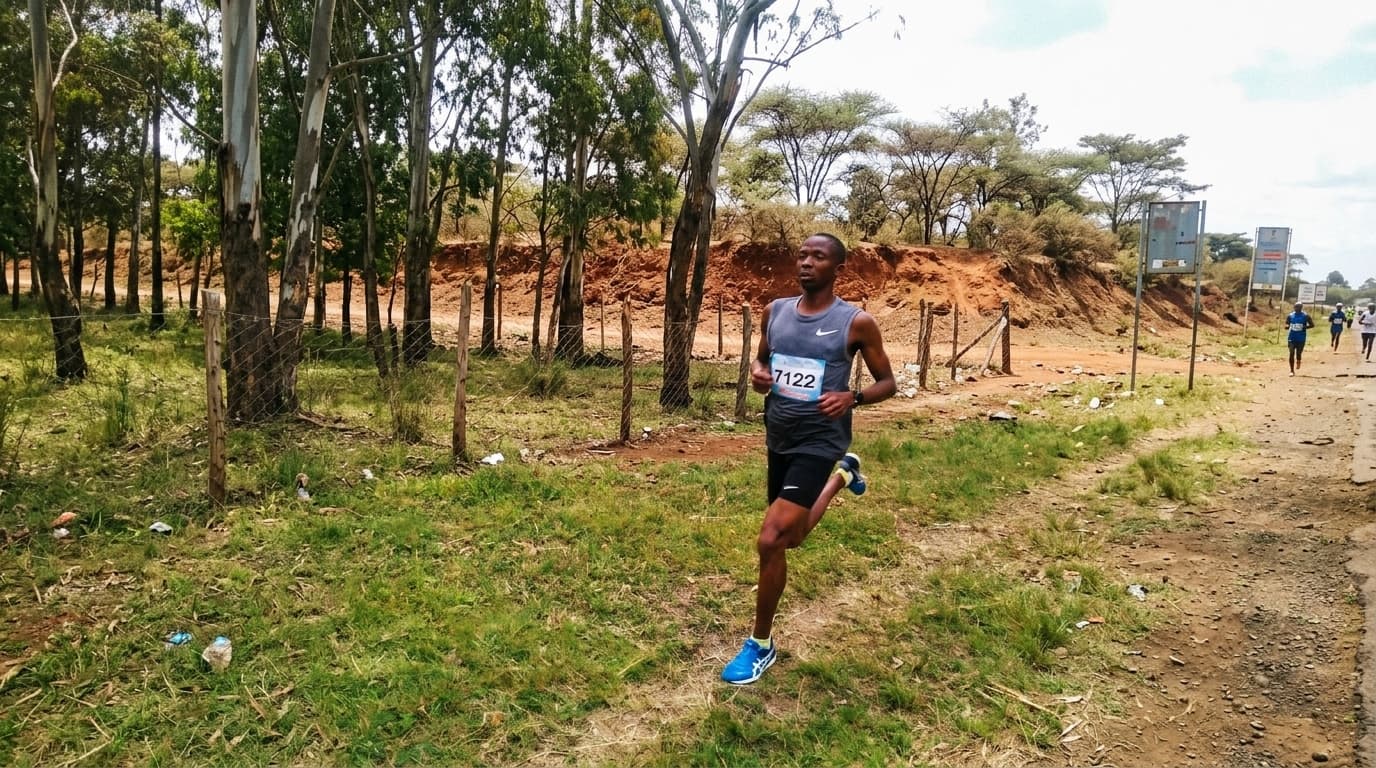 Professional Kenyan runner at sunset on a dirt road