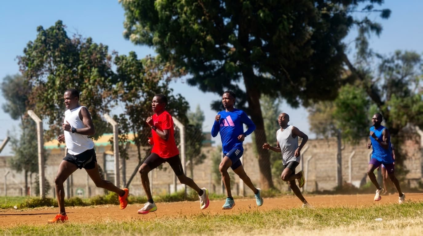 Kenyan runners training on a dirt road at altitude
