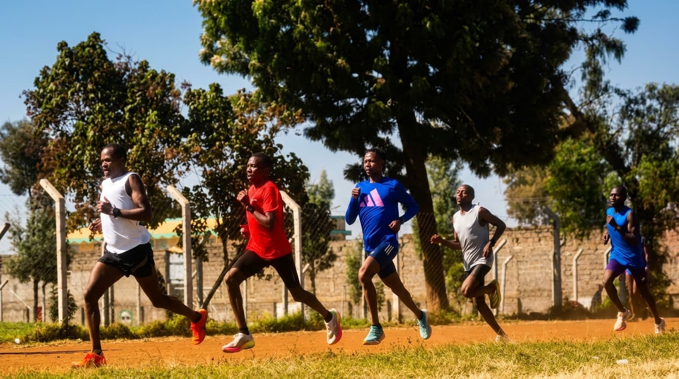 Kenyan runners training on a dirt road at altitude